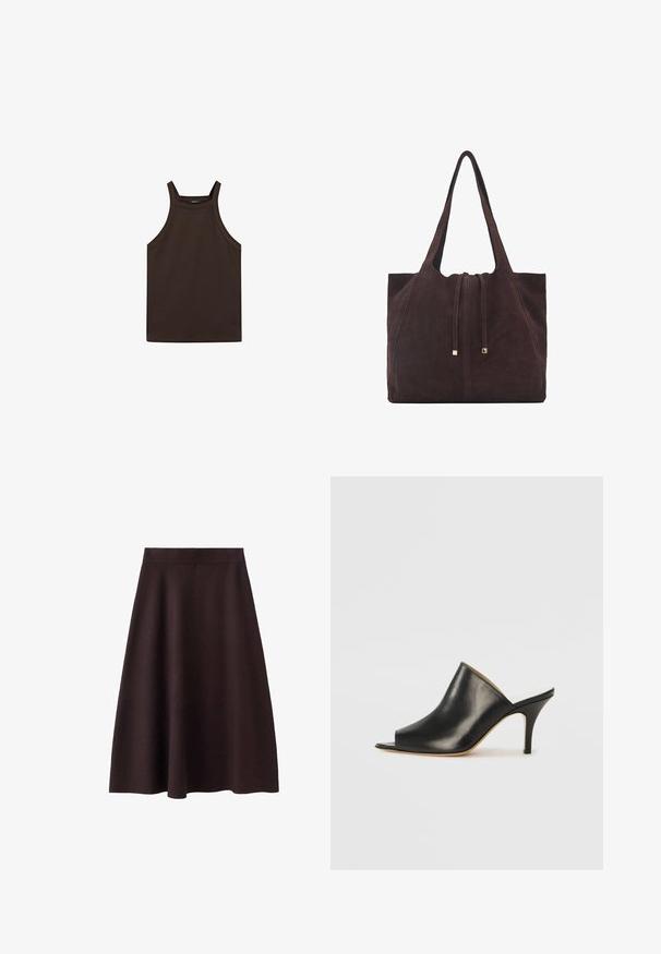 Massimo Dutti HALTER NECK - Top - dark brown; Tmavě hnědá, sukně do kol A-linie s hladkou texturou a upnutým pasem. Žádné viditelné vzory nebo akcenty. Jednoduchý design.; Černé kožené otevřené muly s elegantním, zakřiveným designem, vysokým jehlovým podpatkem a hladkou texturou. Interiér má kontrastní světlou barvu.; Mango Velká kabelka - dark brown