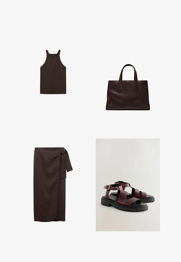Massimo Dutti HALTER NECK - Top - dark brown; Brown linen wrap skirt with a tied waist, straight silhouette, and frayed hem detail. Soft texture and floor-length design.; Maroon sandals with wide leather straps, open toe design, adjustable ankle buckle, and rugged black rubber sole with textured tread.; Brown leather tote bag with two elongated handles, structured rectangular shape, smooth texture, and subtle stitching details.