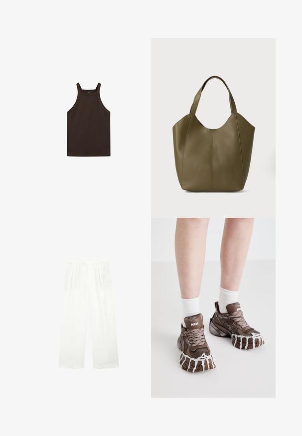 Massimo Dutti HALTER NECK - Top - dark brown; Bílé široké kalhoty vyrobené z lehkého materiálu, s plochým předním dílem, se záhyby a páskem, nabízející volný a vzdušný střih.; Hnědé síťované tenisky mají masivní podrážky s bílým kapajícím designem, texturované tkaničky a značkové detaily na patách. Bílé ponožky jsou viditelné nad teniskami.; Olivově zelená kožená taška s dvojitými popruhy, hladký povrch a design se čtyřmi panely. Zpevněné švy podél spojů pro větší odolnost.