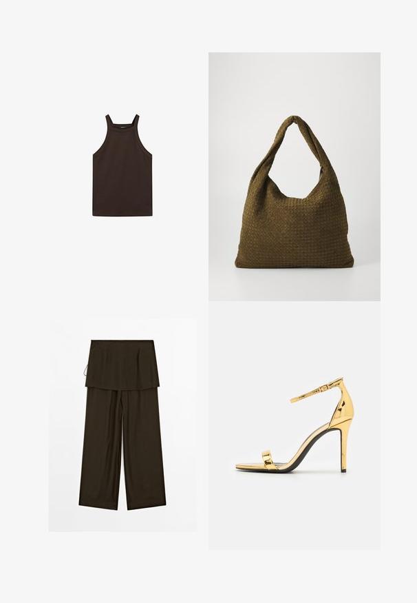 Massimo Dutti HALTER NECK - Linne - dark brown; Vida byxor i mörkbrunt tyg med en lagerdesign i midjan. Slät textur, rena linjer och en avslappnad passform. Ingen synlig hårdvara.; Guld patentläder högklackad sandal med en smal ankelrem, öppen tå och en elegant stilettklack. Slät yta och minimalistisk design.; Vävd tygväska i olivgrön med en rymlig, rundad form och ett enda, förlängt handtag för bärning. Strukturerad yta.