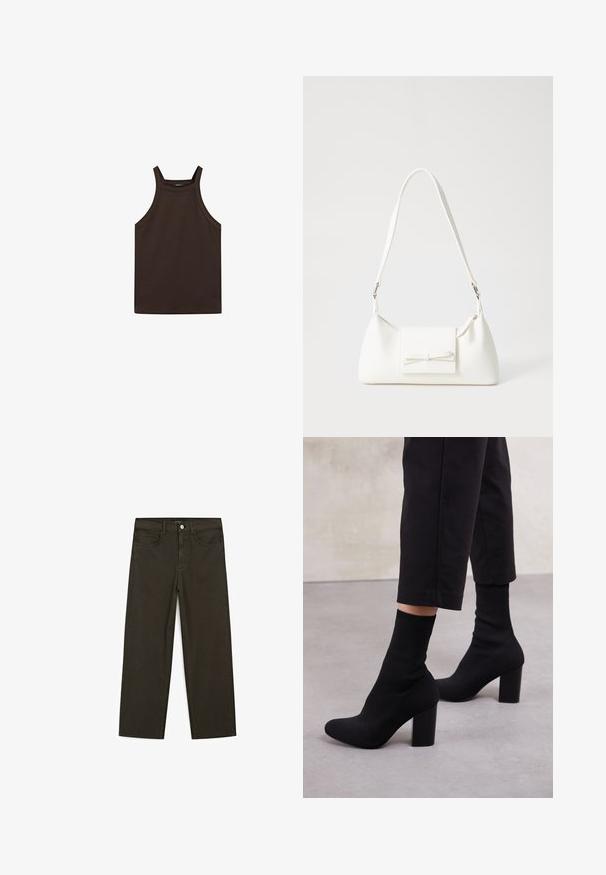 Massimo Dutti HALTER NECK - Top - dark brown; Dark green wide-leg jeans made of cotton blend, featuring a front button closure, five pockets, and classic denim stitching.; Black heeled ankle boots with a ribbed sock-like upper, smooth surface, rounded toe, and a block heel for stability.; White synthetic handbag with a triangular shape, flat front flap and bow detail, adjustable strap, smooth texture, and minimalistic design.