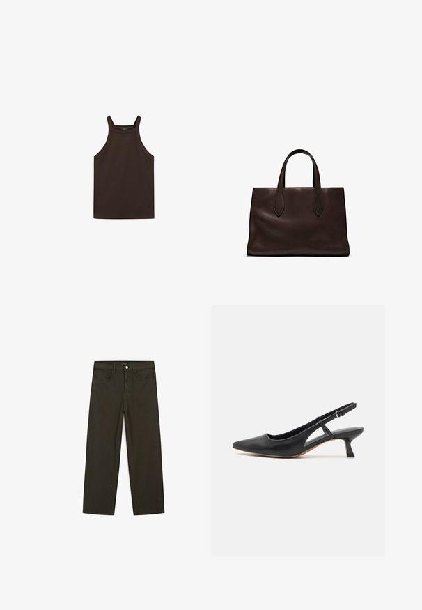 Massimo Dutti HALTER NECK - Top - dark brown; Dark green wide-leg jeans made of cotton blend, featuring a front button closure, five pockets, and classic denim stitching.; Black leather slingback shoe with a pointed toe, low block heel, cut-out side detail, and adjustable ankle strap. Smooth texture throughout.; Brown leather tote bag with two elongated handles, structured rectangular shape, smooth texture, and subtle stitching details.