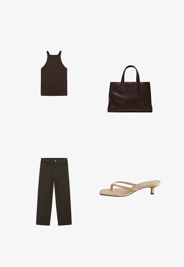 Massimo Dutti HALTER NECK - Top - dark brown; Donkergroene wijde jeans van een katoenmix, met een sluiting met een voorste knop, vijf zakken en klassieke denimstiksels.; Beige hakken sandaaltjes met een vierkante neus. Gemaakt van glad materiaal, met dunne bandjes en een lage blokhak.; Bruine leren tote bag met twee verlengde handvatten, gestructureerde rechthoekige vorm, gladde textuur en subtiele stiksels.
