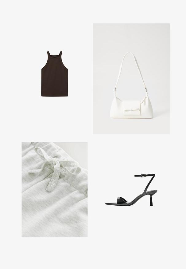 Massimo Dutti HALTER NECK - Top - dark brown; Helles graues Gewebe mit einer weichen Textur, das ein Fliegen-Detail aus einem passenden strukturierten Band am Bund aufweist.; Bershka High Heel Sandalette - black; Weiße synthetische Handtasche in dreieckiger Form, flache Vorderklappe und Schleifendetail, verstellbarer Trageriemen, glatte Textur und minimalistisches Design.