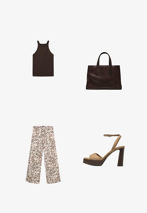Massimo Dutti HALTER NECK - Top - dark brown; Kalhoty s širokými nohavicemi v světlé krémové tkanině s hnědým tečkovaným vzorem. Mají šňůrkový pas a jemnou, hladkou texturu.; Bežové semišové sandály na vysokém podpatku s širokým předním páskem a páskem kolem kotníku, s masivním dřevěným blokovým podpatkem s texturovaným povrchem.; Hnědá kožená taška přes rameno s dvěma dlouhými uchy, strukturální obdélníkový tvar, hladká textura a jemné švy.