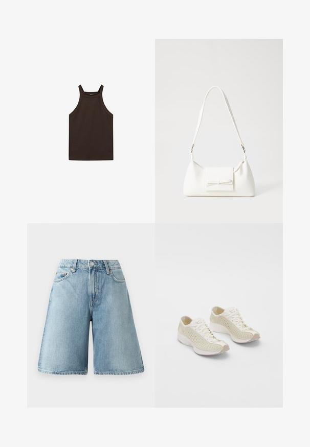 Massimo Dutti HALTER NECK - Top - dark brown; Light blue denim shorts with a loose fit, mid-rise waist, five pockets, and contrasting stitch details. The fabric has a soft texture.; Light beige athletic shoes made of perforated material. Features cream laces, rounded toe, and a textured rubber sole with subtle accents.; White synthetic handbag with a triangular shape, flat front flap and bow detail, adjustable strap, smooth texture, and minimalistic design.