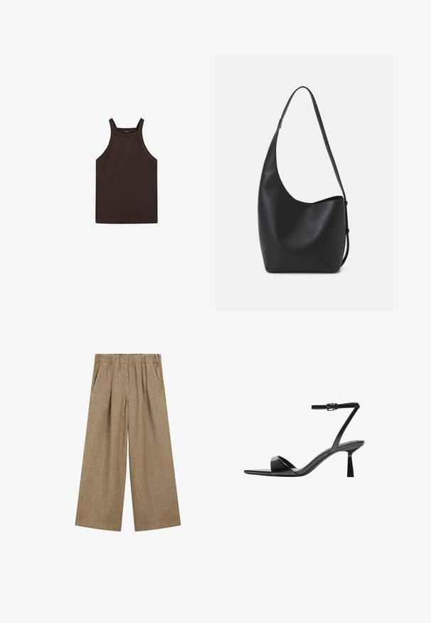 Massimo Dutti HALTER NECK - Top - dark brown; Wijd uitgesneden broek van lichtbruin stof met een gestructureerde afwerking, voorzien van een elastische tailleband en zijzakken.; Bershka Sandalen met hoge hak - black; Zwarte leren hobo tas met een gladde textuur, kromme vorm en een enkele verstelbare schouderband; heeft een brede opening aan de bovenkant.