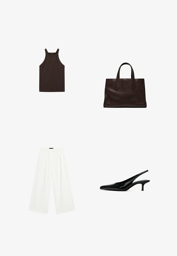 Massimo Dutti HALTER NECK - Top - dark brown; Bredde bukser i hvidt stof med frontfolder, flad talje og en afslappet pasform. Glat tekstur og ingen synlige mønstre.; Sorte spidse slingback sko med en blank læderfinish og en tynd, lav hæl. Har et udskæringsdesign på siden for åndbarhed.; Brun læder tote bag med to forlængede håndtag, struktureret rektangulær form, glat overflade og subtile syninger.