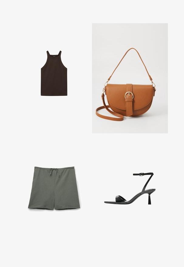 Massimo Dutti HALTER NECK - Top - dark brown; Grüne Shorts aus strukturiertem Stoff, mit einem elastischen Bund und Kordelzug, in lässiger Passform, die knapp über dem Knie endet.; Bershka High Heel Sandalette - black; Braune Leder-Crossbody-Tasche mit geschwungener Form, goldfarbenen Beschlägen und einer Schnallenakzentuierung. Verfügt über einen abnehmbaren Schultergurt.