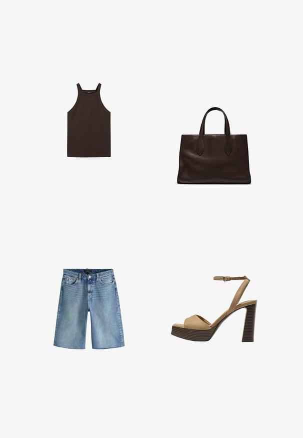 Massimo Dutti HALTER NECK - Top - dark brown; Next REGULAR FIT - Džínové kraťasy - dark blue; Bežové semišové sandály na vysokém podpatku s širokým předním páskem a páskem kolem kotníku, s masivním dřevěným blokovým podpatkem s texturovaným povrchem.; Hnědá kožená taška přes rameno s dvěma dlouhými uchy, strukturální obdélníkový tvar, hladká textura a jemné švy.