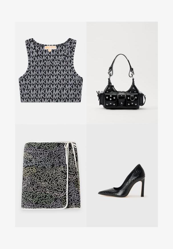 Černý zkrácený top na ramínka s opakujícím se bílým vzorem loga MK, kulatým výstřihem a širokými ramínky. Hladký povrch.; Černá zavinovací sukně s barevným vzorem hvězd v pastelových odstínech žluté, zelené a modré, doplněná bílými detaily a zavazováním.; Černý lodičkový bot s špičatou špičkou, pokrytý texturou krokodýlí kůže, s elegantním designem, vysokým stiletto podpatkem a hladkým černým interiérem.; Černá kožená kabelka s křivkovým designem, zdobená stříbrnými hřebíky, s přezkou a dvěma bočními kapsami. Nastavitelný popruh pro různé možnosti nošení.
