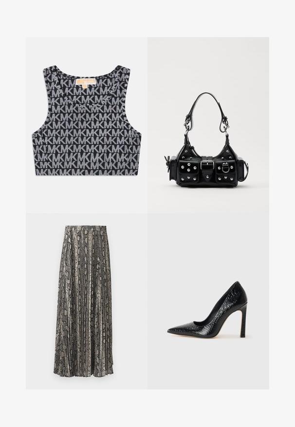 Czarny krótki top na ramiączkach z powtarzającym się białym wzorem logo MK, okrągłym dekoltem i szerokimi ramiączkami. Gładka tekstura.; Plisowana spódnica midi w wzór węża, w odcieniach szarości, czerni i beżu. Wykonana z lekkiego materiału z elastycznym pasem.; Czarne szpilki z ostrym noskiem, pokryte teksturą skóry krokodyla, charakteryzujące się eleganckim wzornictwem, wysokim obcasem w stylu stiletto oraz gładkim czarnym wnętrzem.; Czarna skórzana torebka w zakrzywionym kształcie, z srebrnymi ćwiekami, klamrą i dwoma bocznymi kieszeniami. Regulowany pasek umożliwiający różne opcje noszenia.