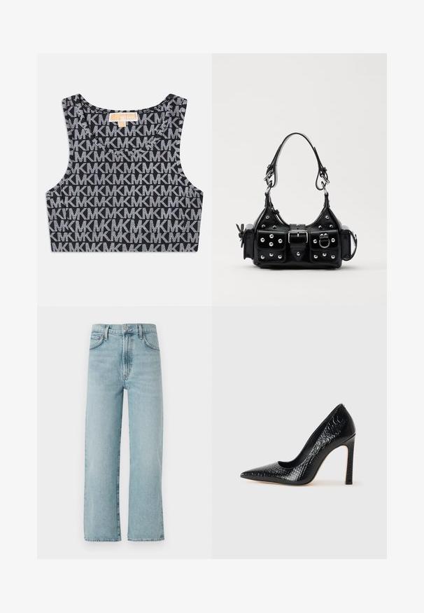Črn skrajšan top brez rokavov z ponavljajočim se belem MK logotipom, okroglo ovratnico in širokimi naramnicami. Gladka tekstura.; Svijetloplave traperice ravnog kroja, izrađene od denima, s visokim strukom, prednjim kopčanjem na dugme i suptilnim izbljeđivanjem na tkanini.; Črne čevlje z visoko peto in konico v obliki puščice, z teksturo krokodilje kože, ki se ponašajo s sleek oblikovanjem, visokim stiletto peto in gladkim črnim notranjostjo.; Črna usnjena torbica s ukrivljenim dizajnom, ki vsebuje srebrne žebljičke, zaponko in dve stranski žepki. Nastavljiv trak za različne možnosti nošenja.