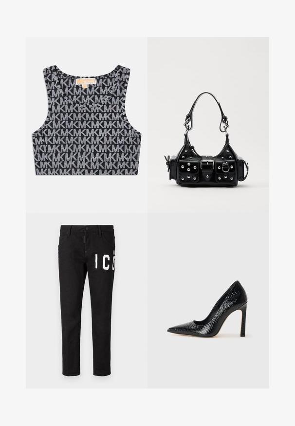 Top court noir sans manches avec un motif répétitif de logo MK blanc, encolure ronde et larges bretelles. Texture lisse.; Jean en denim noir à coupe slim. Présente un texte graphique blanc sur le devant, cinq poches et un bouton de fermeture. Texture lisse.; Escarpin noir à bout pointu avec texture en cuir de crocodile, présentant un design élégant, un haut talon aiguille et un intérieur noir lisse.; Sac à main en cuir noir au design courbé, avec des clous en argent, une boucle et deux poches latérales. Bandoulière réglable pour différentes options de transport.