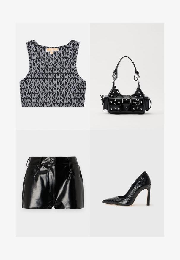 Černý zkrácený top na ramínka s opakujícím se bílým vzorem loga MK, kulatým výstřihem a širokými ramínky. Hladký povrch.; Černé lesklé kraťasy vyrobené z umělého materiálu. Obsahují přiléhavý pas, poutka na opasek a přední kapsy s výraznými švy.; Černý lodičkový bot s špičatou špičkou, pokrytý texturou krokodýlí kůže, s elegantním designem, vysokým stiletto podpatkem a hladkým černým interiérem.; Černá kožená kabelka s křivkovým designem, zdobená stříbrnými hřebíky, s přezkou a dvěma bočními kapsami. Nastavitelný popruh pro různé možnosti nošení.
