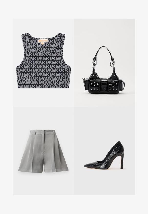 Juodas trumpas tanko tipo marškinėlis su pakartotu baltu MK logotipo raštu, apvaliu iškirpimu ir plačiomis petnešomis. Lygus paviršius.; Pilki klostuoti šortai, pagaminti iš lygios medžiagos, turintys aukštą liemenį, priekines kišenes ir taisyklingą dizainą su švariomis linijomis.; Juoda smailiakulnė aukšto kulno bateliai su krokodilo odos tekstūra, pasižymintys elegantišku dizainu, aukštu stiletu kulnu ir lygia juoda vidine dalimi.; Juodas odinis rankinukas su kreiviu dizainu, su sidabro spalvos knopkėmis, užsegimu ir dviem šoninėmis kišenėmis. Reguliuojama dirželis nešimui.