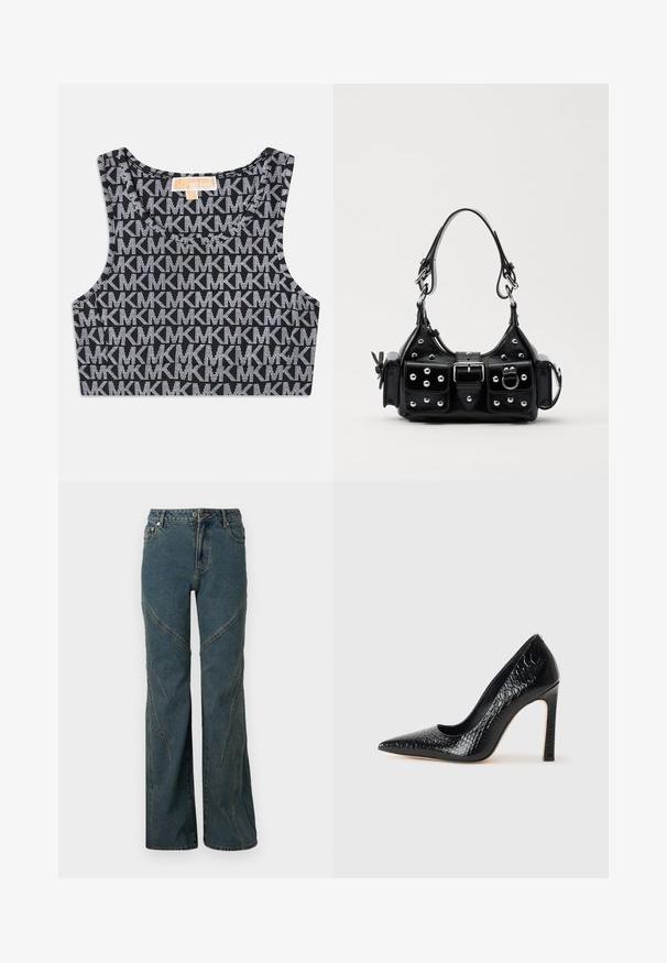 Black cropped tank top featuring a repeated white MK logo pattern, round neckline, and wide shoulder straps. Smooth texture.; Blue denim jeans with a wide-leg design, featuring curved seam details and standard five-pocket styling. Unfinished hem at the bottom.; Black pointed-toe high heel shoe with a crocodile-skin texture, featuring a sleek design, high stiletto heel, and smooth black interior.; Black leather handbag with a curved design, featuring silver studs, a buckle, and two side pockets. Adjustable strap for carrying options.