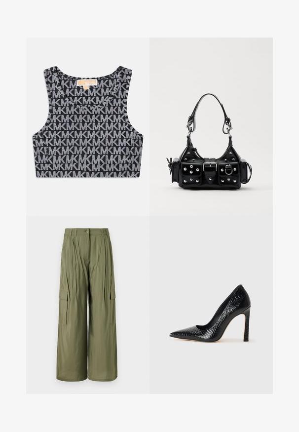 Sort cropped tank top med et gentaget hvidt MK-logo mønster, rund halsudskæring og brede skulderstropper. Glat tekstur.; Oliven grønne brede cargo-bukser med frontfolder, sidelommer og knaplukning. Glat tekstur, letvægtsstof.; Sorte spidse tå stiletto-sko i krokodilleskind med et strømlinet design, høj hæl og glat sort inderside.; Sort læderhåndtaske med et buet design, prydet med sølvfarvede nitter, en spænde og to sidelommer. Justerbar rem til forskellige bære muligheder.