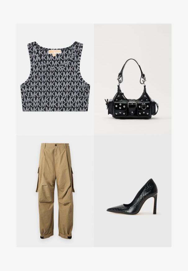 Top corto nero con motivo a ripetizione del logo MK bianco, scollatura rotonda e spalline larghe. Tessuto liscio.; Pantaloni cargo khaki realizzati in tessuto leggero, con tasche laterali cargo, chiusura con bottone e polsini elastici alla caviglia.; Scarpa nera con punta a punta alta in pelle di coccodrillo, caratterizzata da un design elegante, alto tacco a spillo e interno nero liscio.; Borsa a mano in pelle nera con design curvo, caratterizzata da borchie argentate, una fibbia e due tasche laterali. Tracolla regolabile per diverse opzioni di trasporto.