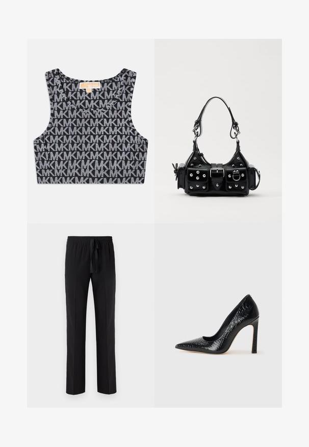 Schwarzes kurzes Tanktop mit einem wiederholten weißen MK-Logo-Muster, Rundhalsausschnitt und breiten Schulterträgern. Glatte Textur.; Schwarze Hose mit elastischem Bund und verstellbarem Kordelzug, mit geradem Bein und glatter Textur. Keine Muster oder Akzente.; Schwarzer, spitz zulaufender High Heel mit Krokodilleder-Struktur, elegantem Design, hohem Stiletto-Absatz und glattem schwarzen Innenraum.; Schwarze Lederhandtasche mit einem geschwungenen Design, verziert mit silbernen Nieten, einer Schnalle und zwei seitlichen Taschen. Verstellbarer Träger für verschiedene Tragemöglichkeiten.