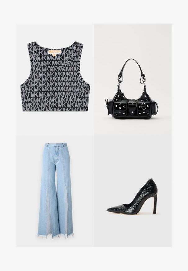 Črn skrajšan top brez rokavov z ponavljajočim se belem MK logotipom, okroglo ovratnico in širokimi naramnicami. Gladka tekstura.; Svetlo modri široki kavbojki z visokim pasom, z bočnimi zarezi in surovimi robovi. Narejeni iz denima z kontrastnimi šivi.; Črne čevlje z visoko peto in konico v obliki puščice, z teksturo krokodilje kože, ki se ponašajo s sleek oblikovanjem, visokim stiletto peto in gladkim črnim notranjostjo.; Črna usnjena torbica s ukrivljenim dizajnom, ki vsebuje srebrne žebljičke, zaponko in dve stranski žepki. Nastavljiv trak za različne možnosti nošenja.