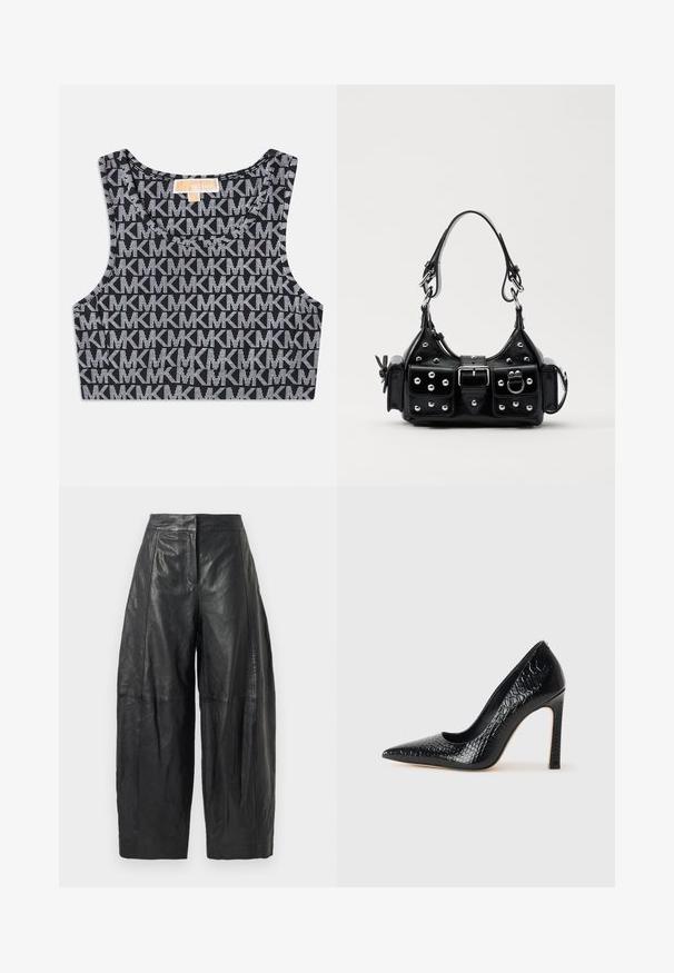 Schwarzes kurzes Tanktop mit einem wiederholten weißen MK-Logo-Muster, Rundhalsausschnitt und breiten Schulterträgern. Glatte Textur.; Schwarze Leder-Hosen mit weitem Bein und hoher Taille, versehen mit subtilen Nähten und einer glatten Textur. Kürzere Länge bis zur Mitte der Waden.; Schwarzer, spitz zulaufender High Heel mit Krokodilleder-Struktur, elegantem Design, hohem Stiletto-Absatz und glattem schwarzen Innenraum.; Schwarze Lederhandtasche mit einem geschwungenen Design, verziert mit silbernen Nieten, einer Schnalle und zwei seitlichen Taschen. Verstellbarer Träger für verschiedene Tragemöglichkeiten.