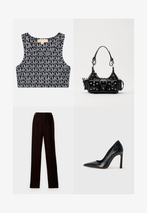 Melnā īsā topa ar atkārtotu balto MK logo rakstu, apaļu kakla izgriezumu un plašiem plecu siksnām. Gluda tekstūra.; Brūnas samta bikses ar taisnu piegriezumu, ar gludu tekstūru un vieglu spīdumu, izstrādātas ar standarta jostasvietu un sānu šuvēm.; Melni augstpapēžu apavi ar norādītu purngalu, ar krokodila ādas tekstūru, izceļoties ar elegantu dizainu, augstu stiletto papēdi un gludu melnu interjeru.; Melnas ādas rokturmais ar izliekumu, ar sudraba iedurtiem, sprādzi un divām sānu kabatām. Regulējams siksniņas garums dažādām nēsāšanas iespējām.