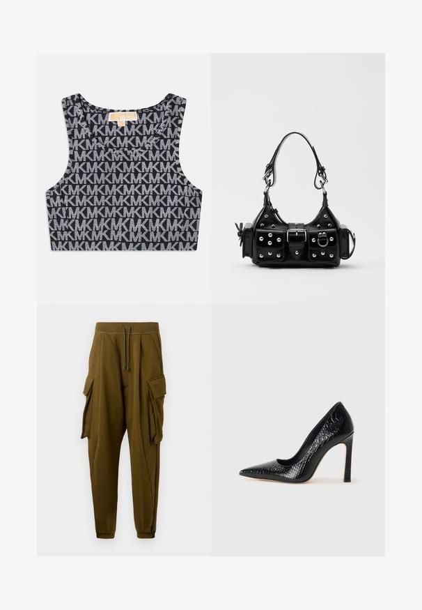 Sort cropped tank top med et gentaget hvidt MK-logo mønster, rund halsudskæring og brede skulderstropper. Glat tekstur.; Olivengrønne joggerbukser med snøre i taljen, to store cargo-lommer med klapper på hver side, og ribbede ankler.; Sorte spidse tå stiletto-sko i krokodilleskind med et strømlinet design, høj hæl og glat sort inderside.; Sort læderhåndtaske med et buet design, prydet med sølvfarvede nitter, en spænde og to sidelommer. Justerbar rem til forskellige bære muligheder.