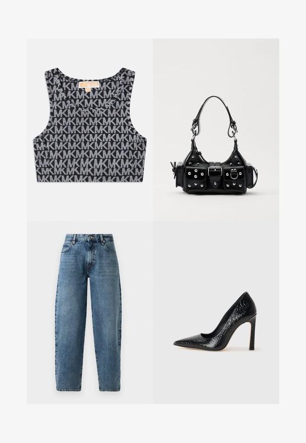 Svart kort t-shirt med en upprepad vit MK-logotyp, rund halsringning och breda axelband. Slät textur.; Ljusblå denimjeans med rak ben-design, hög midja och minimalistisk sömnad. Klassisk fem-ficksstil med metallhårdvara.; Svart spetsig högklackad sko med krokodilskinnsstruktur, som har en elegant design, hög stilettklack och en slät svart innersula.; Svart läderhandväska med en kurvad design, prydd med silverfärgade nitar, ett spänne och två sidofickor. Justerbar rem för olika bäralternativ.
