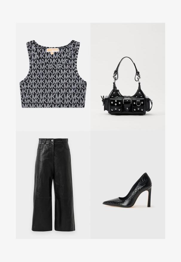 Sort cropped tank top med et gentaget hvidt MK-logo mønster, rund halsudskæring og brede skulderstropper. Glat tekstur.; Svart læder bredbenede bukser med en glat tekstur, der har en lynlåsgylp og forlommer. Minimalistisk design med en cropped længde.; Sorte spidse tå stiletto-sko i krokodilleskind med et strømlinet design, høj hæl og glat sort inderside.; Sort læderhåndtaske med et buet design, prydet med sølvfarvede nitter, en spænde og to sidelommer. Justerbar rem til forskellige bære muligheder.