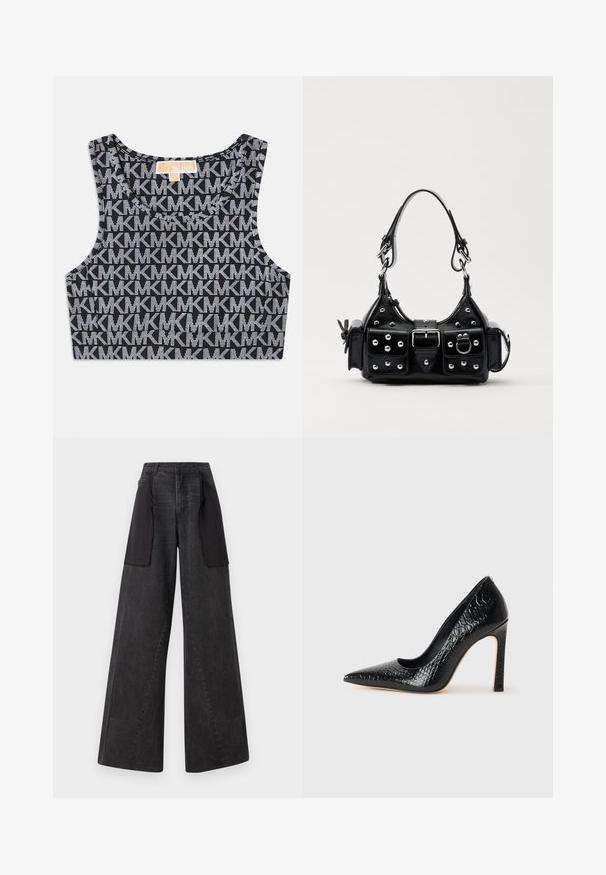 Zwart cropped tanktop met een herhaald wit MK-logo patroon, ronde halslijn en brede schouderbanden. Glad textuur.; Wijde jeans van donker denim met zwarte stoffen panelen aan de zijkanten, met een hoge taille en zichtbare stiksels.; Zwarte puntige hoge hak schoen met een krokodillenleren textuur, met een slank ontwerp, hoge stiletto-hak, en een gladde zwarte binnenkant.; Zwarte lederen handtas met een gebogen ontwerp, voorzien van zilveren studs, een gesp en twee zijvakken. Verstelbare schouderband voor verschillende draagmogelijkheden.
