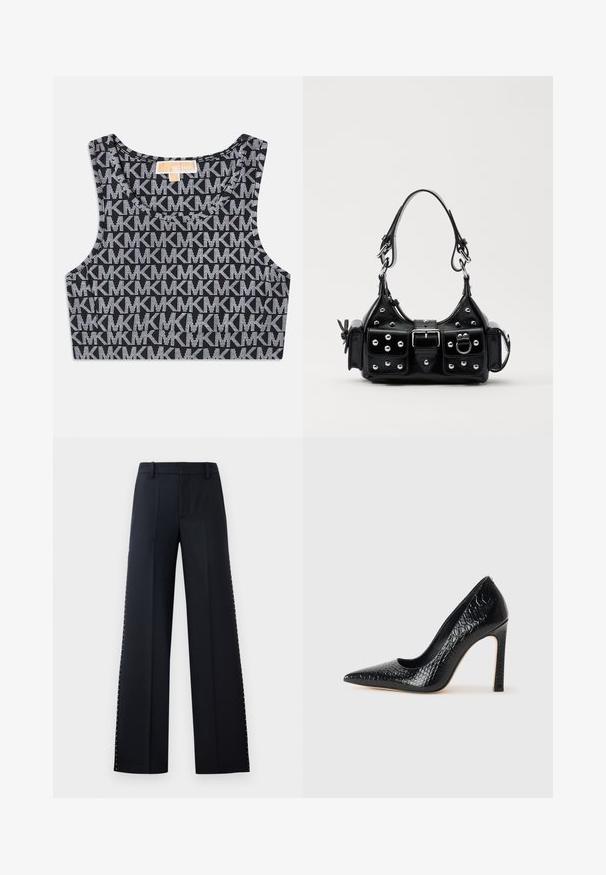 Top scurt negru, cu un model repetat de logo-uri albe MK, guler rotund și bretele late. Textură fină.; Pantaloni cu croi larg, de culoare neagră. Croi ajustat cu o textură netedă. Prezentază o serie de nituri metalice de-a lungul cusăturilor laterale pentru detaliu.; Pantofii cu toc înalt, ascuțiți, de culoare neagră, cu textură de piele de crocodil, având un design elegant, toc în stil stiletto și interior neted de culoare neagră.; Geantă de piele neagră cu un design curbat, dotată cu studuri argintii, o cataramă și două buzunare laterale. Curea ajustabilă pentru opțiuni de transport.