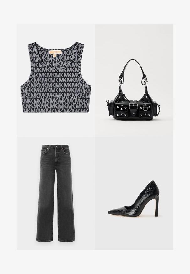 Mustikas värvi lühike tank top, millel on korduv valge MK logo muster, ümmargune kaelus ja laiad õlapaelad. Sile tekstuur.; Mustad kõrge vöökoht ja sirged jalgadega teksad, millel on ees nupp ja lukk, kaks eesmist taskut ja kaks tagumist taskut.; Mustan teravaotsaga kõrge kontsaga king, millel on krokodillimustriga tekstuur, stiilne disain, kõrge stilettokonts ja sile must sisesisustus.; Must värvi nahast käekott, millel on kaarjas disain, hõbedased nupukesed, kinnitusahe ja kaks külgtaskut. Reguleeritav rihm erinevate kandmisvõimaluste jaoks.