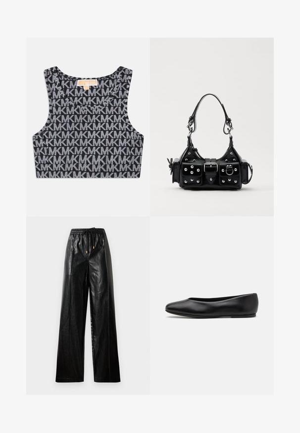Crna skraćena majica bez rukava s ponovljenim bijelim uzorkom MK loga, okruglim izrezom i širokim naramenicama. Glatka tekstura.; Crne kožne hlače širokog kroja s elastičnim pojasom, pertlama i zlatnim detaljima. Glatka tekstura i slobodan kroj.; Paul Smith TOPANGA - Balerinke - black; Crna kožna torba s zakrivljenim dizajnom, koja sadrži srebrne zakovice, kopču i dva bočna džepa. Podesiva traka za različite opcije nošenja.