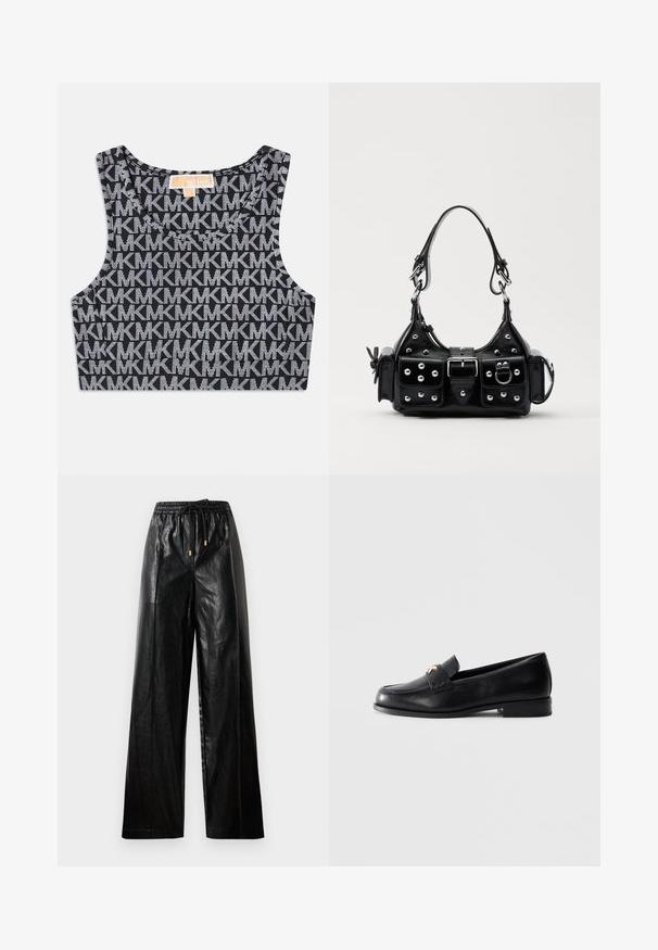 Top corto nero con motivo a ripetizione del logo MK bianco, scollatura rotonda e spalline larghe. Tessuto liscio.; Pantaloni ampi in pelle nera con cintura elastica, cordoncino e accenti in metallo dorato. Texture liscia e vestibilità ampia.; Mocassino in pelle nera con tacco basso e emblema decorativo dorato sulla fascia, esposto su uno sfondo grigio chiaro uniforme.; Borsa a mano in pelle nera con design curvo, caratterizzata da borchie argentate, una fibbia e due tasche laterali. Tracolla regolabile per diverse opzioni di trasporto.