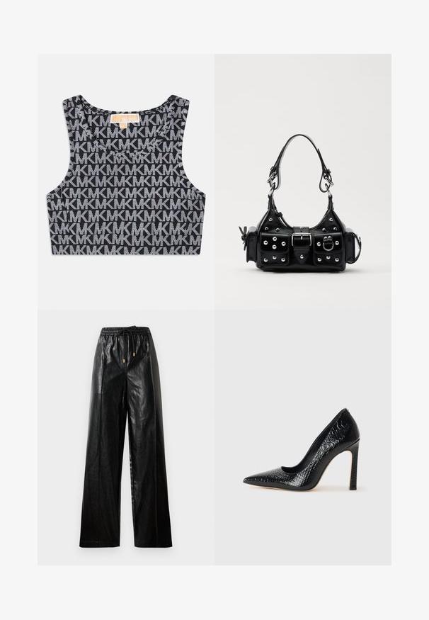 Top court noir sans manches avec un motif répétitif de logo MK blanc, encolure ronde et larges bretelles. Texture lisse.; Pantalon large en cuir noir avec une taille élastique, un cordon de serrage et des accents en matériel doré. Texture lisse et coupe décontractée.; Escarpin noir à bout pointu avec texture en cuir de crocodile, présentant un design élégant, un haut talon aiguille et un intérieur noir lisse.; Sac à main en cuir noir au design courbé, avec des clous en argent, une boucle et deux poches latérales. Bandoulière réglable pour différentes options de transport.