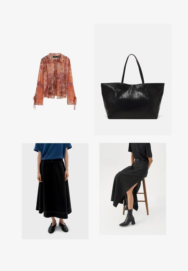 Pitkähihaista läpinäkyvää paitaa punaisissa ja oransseissa kukkakuosisissa, jossa on kaulus ja nauhakiristys. Malleissa on kerättyjä hihoja, joissa on narukoristeet.; Musta pitkä hame, jossa on näkyvää valkoista ompelua, yhdistettynä siniseen lyhythihaiseen paitaan ja mustiin kenkiin. Materiaali näyttää pehmeältä ja valuvilta.; Musta pellavasta valmistettu maxi-hame, jossa on korkea halkio, puettuna mustan t-paidan ja mustien nilkkabootsien kanssa. Minimalistinen muotoilu, rento istuvuus.; Musta kudottu kassi, jossa on kaksi vankkaa kahvaa, näyttävästi kiiltävä rakenne ja tilava avoin yläosa.