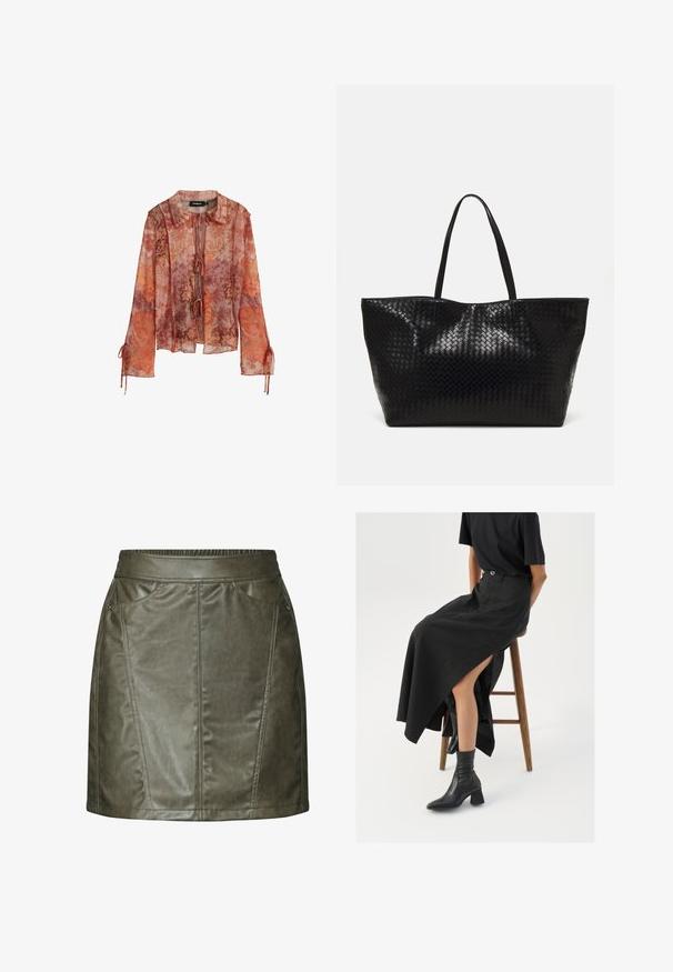 Transparante blouse met lange mouwen in een rode en oranje bloemenprint, met een kraag en striksluiting. Voorzien van geraffineerde mouwen met trekkoordaccenten.; Olijf-groene leren mini rok met een elastische tailleband, met twee vocepockets en gestikte details aan de zijkanten.; Zwarte linnen maxi rok met een hoge split, gedragen met een zwart T-shirt en zwarte enkellaarsjes. Minimalistisch ontwerp met een relaxte pasvorm.; Zwarte geweven schoudertas met twee stevige handvatten, met een glanzende textuur en een ruime open bovenkant.