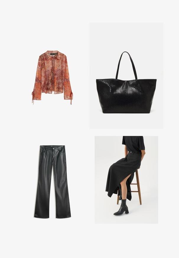 Pitkähihaista läpinäkyvää paitaa punaisissa ja oransseissa kukkakuosisissa, jossa on kaulus ja nauhakiristys. Malleissa on kerättyjä hihoja, joissa on narukoristeet.; Mustat keinonahkaiset flared-housut, joissa on sileä rakenne, viisi taskua, vetoketju edessä ja kontrastivärinenniitit.; Musta pellavasta valmistettu maxi-hame, jossa on korkea halkio, puettuna mustan t-paidan ja mustien nilkkabootsien kanssa. Minimalistinen muotoilu, rento istuvuus.; Musta kudottu kassi, jossa on kaksi vankkaa kahvaa, näyttävästi kiiltävä rakenne ja tilava avoin yläosa.