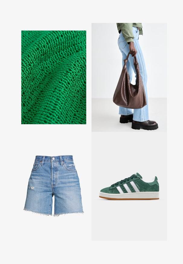 Zeleno pleteno tekstilo, ki se ponaša s teksturiranim vzorcem z ohlapnim in odprtim tkanjem, ki prikazuje fine nitke in več vidnih šivov.; Levi's® 501® MID THIGH - Kratke hlače iz džinsa - denim; Zeleni semiš športni copat z belimi usnjenimi črtami, gumijastim podplatom, oblazinjenim ovratnikom in minimalističnim dizajnom. Na strani je oznaka blagovne znamke.; Rjava tkanina iz usnja z vozlanimi ročaji, ki jo nosi oseba v svetlomodrih kavbojkah in črnih debelih čevljih. Gladka, teksturirana površina.