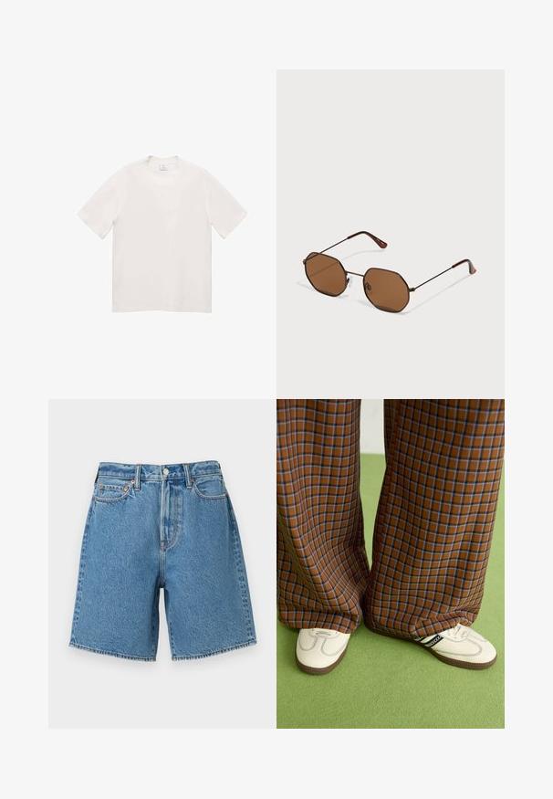 Bela kratka majica z dolgimi rokavi iz mehkega blaga. Okrogla izrezana ovratnika, raven kroj, brez vidnih vzorcev ali kovinskih detajlov.; Denimske kratke hlače svetlo modre barve z visokim pasom, zasnovo s petimi žepi, šivanimi robovi in kovinskim gumbom na zapiranju. Tekstura z klasičnim zaključkom.; Rjave in modre kariraste hlače širokih nogavic, v kombinaciji z belimi čevlji, ki imajo črne poudarke in teksturirane podplate, na zeleni podlagi.; Rjave osmerokotne sončne naočare z tankimi temnimi kovinskimi okvirji, nastavljivimi nosnimi blazinicami in rjavimi lečami; držala se ponašajo z oranžnim poudarkom.