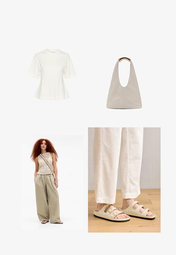 Bela kratka majica s kratkimi rokavi, izdelana iz mehke bombažne tkanine. Ima krojen ovratnik in rahlo razširjen rob, z minimalnim dizajnom in brez vzorcev.; Mlada ženska z dolgimi kodrastimi rdečimi lasmi, oblečena v bež brezrokavnik, široke bež hlače, natikače, torbico čez ramo in zapestnice.; Svetlo bež sandale z dejanjem treh prilagodljivih trakcev z kovinskimi sponkami, oblazinjenim podplatom in črnim gumijastim podplatom.; Svetlo siva usnjena torba z U-oblika zasnovo in ukrivljenim kovinskim ročajem. Gladka tekstura z minimalnim šivom in brez vidnih vzorcev.