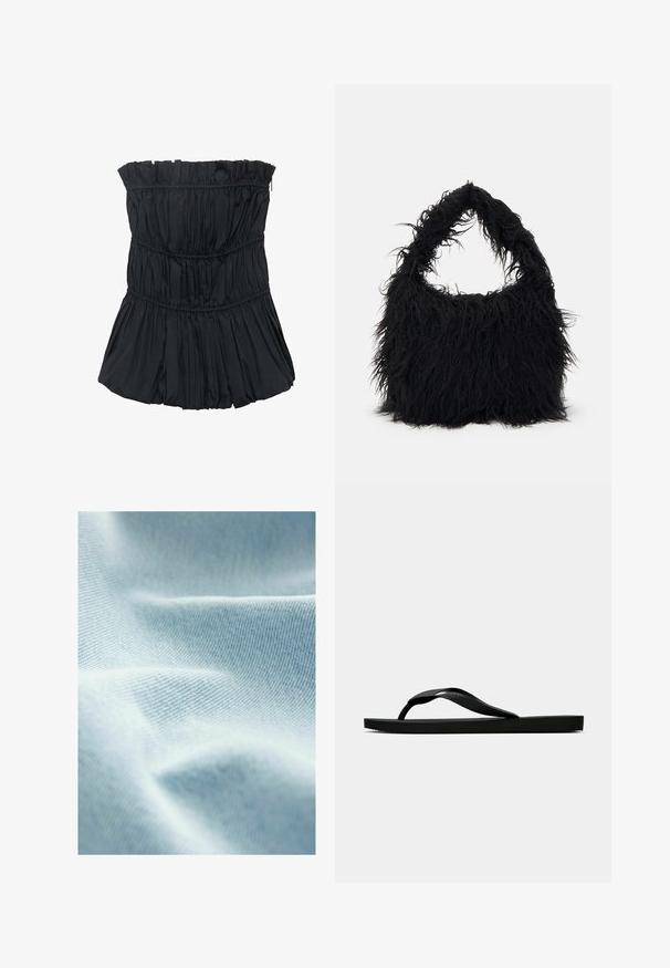 Črn brezramni top z nabranimi teksturami, ki ima vodoravne šive in širok, naborkan dizajn na dnu. Gladek material.; Svetlo modra tkanina z gladko teksturo in fino diagonalno tkanino, ki prikazuje mehke gube in subtilne razlike v odtenku.; Črne gumijaste japonke s teksturirano thong naramnico in preprostim ravnim podplatom, prikazane s strani na enobarvni svetli podlagi.; Even&Odd Torba za nakupovanje - black