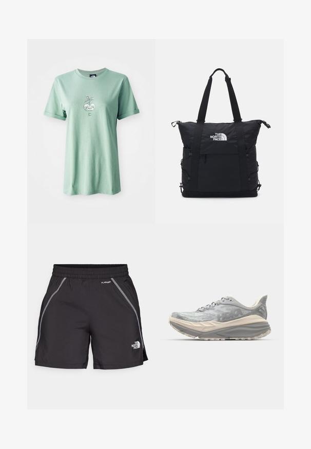 Lichtgroene katoenen t-shirt met korte opgerolde mouwen, met een centrale grafiek van een plant in een ronde pot, logo op de onderzijde aan de voorkant.; Zwarte sportshorts van lichtgewicht materiaal, voorzien van een elastische tailleband, reflecterende details en het logo "The North Face" aan de linkerkant.; Lichtgrijze hardloopschoen met een gestructureerde mesh bovenkant, dikke gevoerde zool en versterkte hak. Bevat platte veters en een subtiel logo.; Zwarte tote bag met een gewatteerd ontwerp, bovenste ritsluiting, dubbele korte handvatten en logo aan de voorkant; heeft zijzakken en verstelbare schouderbanden.