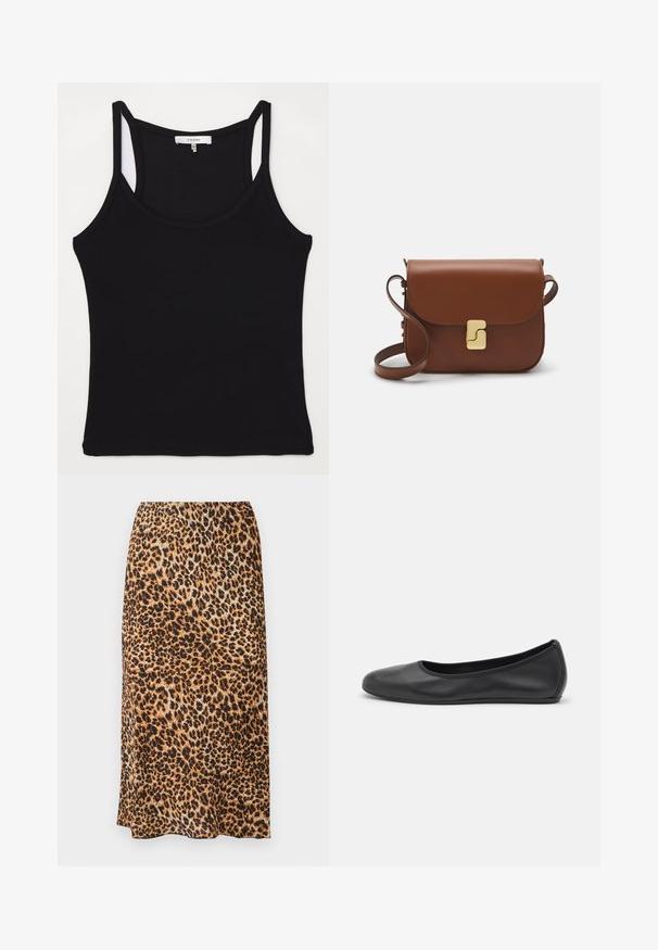 FRAME CUTAWAY TANK - Top - black; Midi sukňa s leopardím vzorom v odtieňoch hnedej a čiernej, s hladkou textúrou a elegantným, prispôsobeným strihom.; Čierne kožené baleríny s okrúhlou špičkou, hladkým povrchom, minimálnym prešívaním a flexibilným dizajnom podrážky.; Hnedá kožená kabelka s klopou, zlatými kovovými prvkami, ramenným popruhom a hladkým povrchom. Kompaktný obdĺžnikový tvar.
