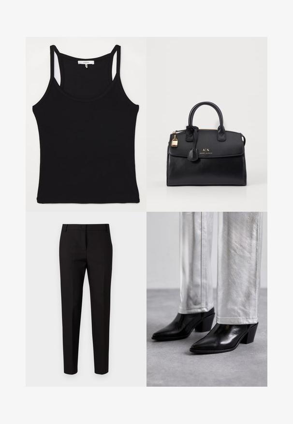 FRAME CUTAWAY TANK - Felső - black; MAX&Co. DISPLAY - Nadrágok - schwarz; Fekete bőr bokacsizma hegyes orral és tömbsarkal, fényes ezüst nadrággal párosítva, amely sima textúrákat és kontrasztos színeket mutat be.; Fekete bőrtáska, amelynek strukturált formája van, aranyszínű fémalkatrészekkel és zár részlettel. Két felső fogantyúval rendelkezik, valamint domborított logóval az elején.