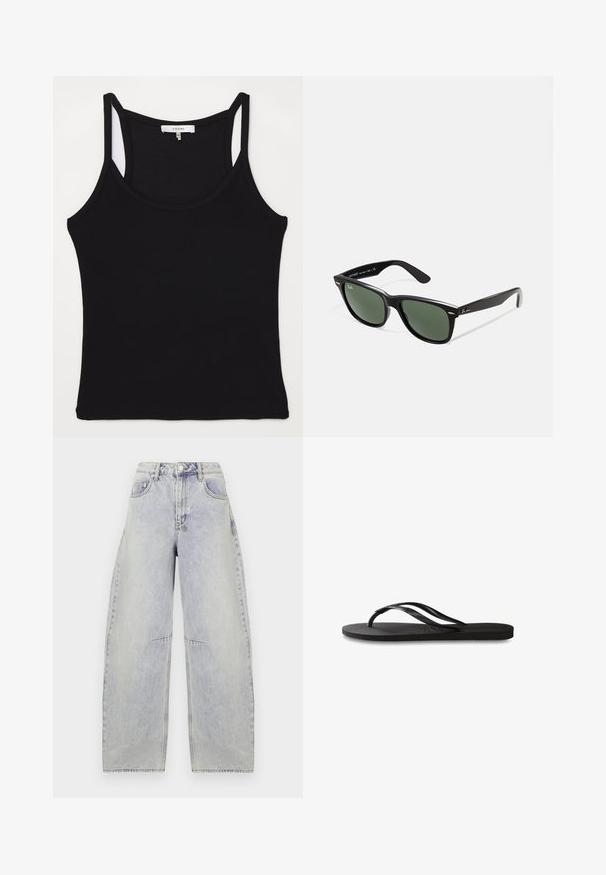 FRAME CUTAWAY TANK - Top - black; Light blue baggy denim jeans with a high waist, wide legs, faded texture, and visible stitching details. Features front pockets and a button closure.; Black flip-flop featuring a textured rubber sole, two slender straps, and a subtle, embossed logo detail on the strap.; Black plastic sunglasses with green lenses, square frames, silver accent on the brow, and textured temple arms. Stated brand on inner arm.