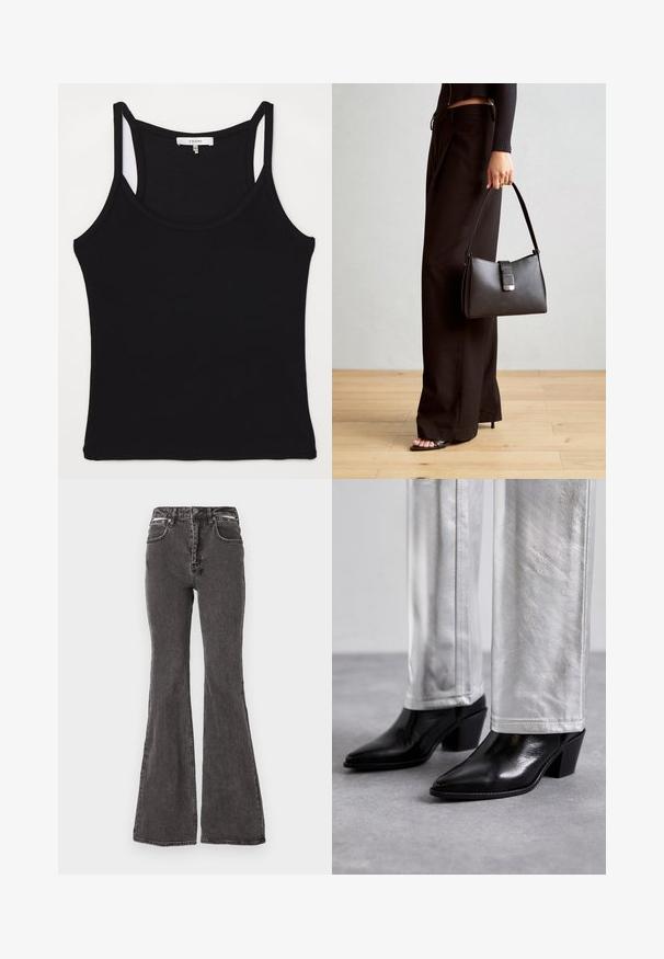 FRAME CUTAWAY TANK - Top - black; Jeanși negri evazați din denim cu o textură estompată, având buzunare frontale, bucle pentru curea și accesorii metalice la talie.; Cizme negre din piele cu guler până la gleznă, având vârf ascuțit și toc bloc, asortate cu pantaloni argintii strălucitori, evidențiind texturi elegante și culori contrastante.; Genți negre cu o formă structurată, textură netedă și un închizător metalic. Asortată cu pantaloni negri largi și sandale cu vârf deschis pe un podea din lemn.