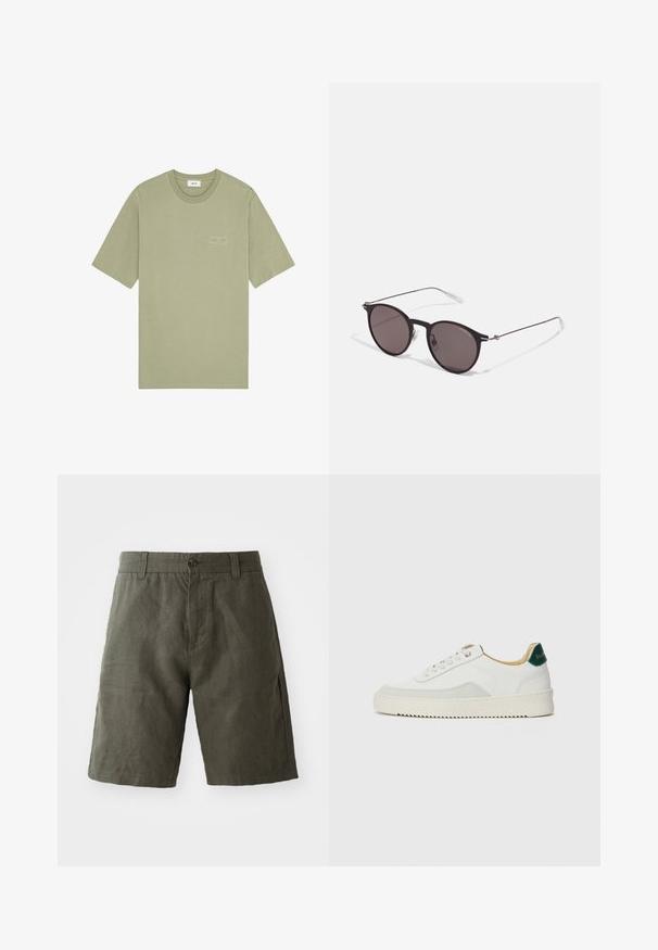 Olivgrön t-shirt i bomull med korta ärmar, rund halsringning och en något upphöjd tryckt logotyp på bröstet. Slät textur med minimalt mönster.; Mörkgröna linne shorts med knappstängning och bältesöglor, som har rak skärning och slät textur.; Vit sneaker med mockadetaljer, rund tå, platta snören och en krämfärgad gummisula. Har grön branding på hälen.; Svarta runda solglasögon med mörka linser och smala metallarmar. Inkluderar klara tempeltips och silverdetaljer vid gångjärnet. Minimalistisk design.