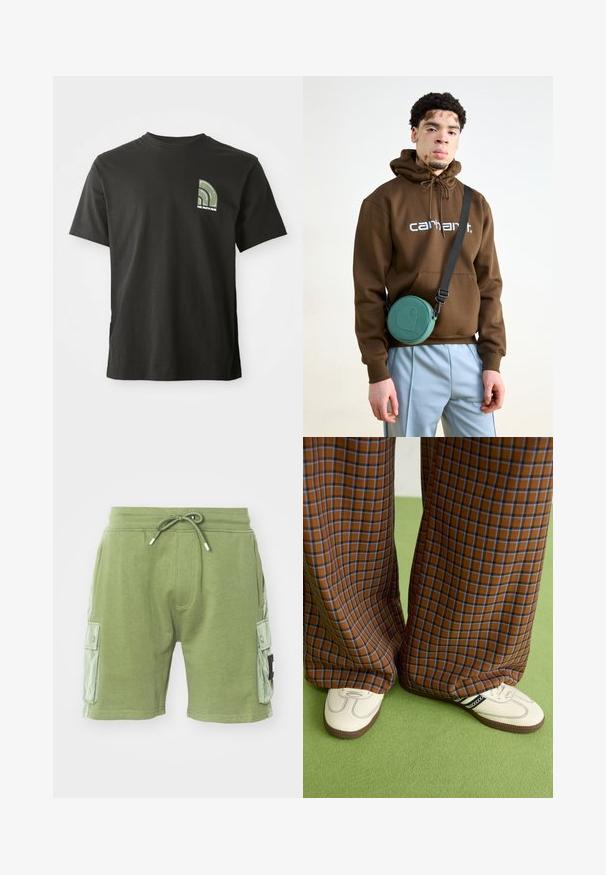 Must-beelise mustriga lühikeste varrukatega t-särk, millel on vasakul rinnal väike roheline ja valge neljandikringi logo ning "The North Face" tekst.; Roheline puuvillane lühikesed püksid elastse vöökoha ja nööriga. Omab kahte külgpocketit ja tekstureeritud paneelide aktsente külgedel.; Pruunide ja siniste ruuduliste laiad püksid, mille juurde on kombineeritud valged kingad mustade aktsentidega ja tekstuursete taldadega, roheline taust.; Pruun kapuutsiga särk, millel on valge logo, koos helesiniste pükstega. Ringikujuline roheline kott ripub mustalt rihmalt üle keha.